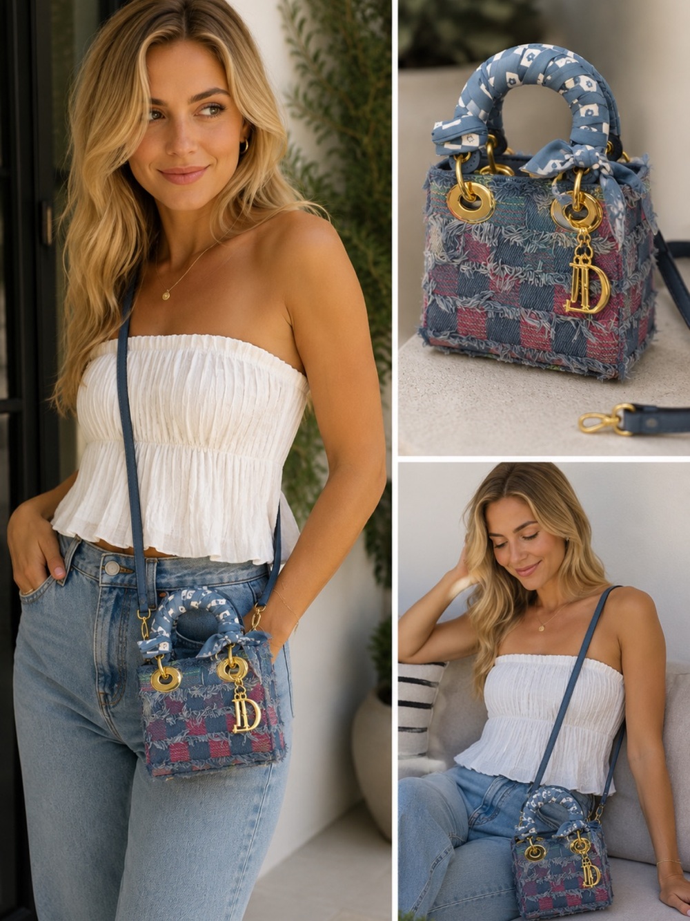Blue and Pink Checked Mini Crossbody Bag